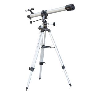 Telescopio refractor Soligor montado sobre trípode de aluminio, diseñado para observación astronómica y terrestre, ideal para principiantes.