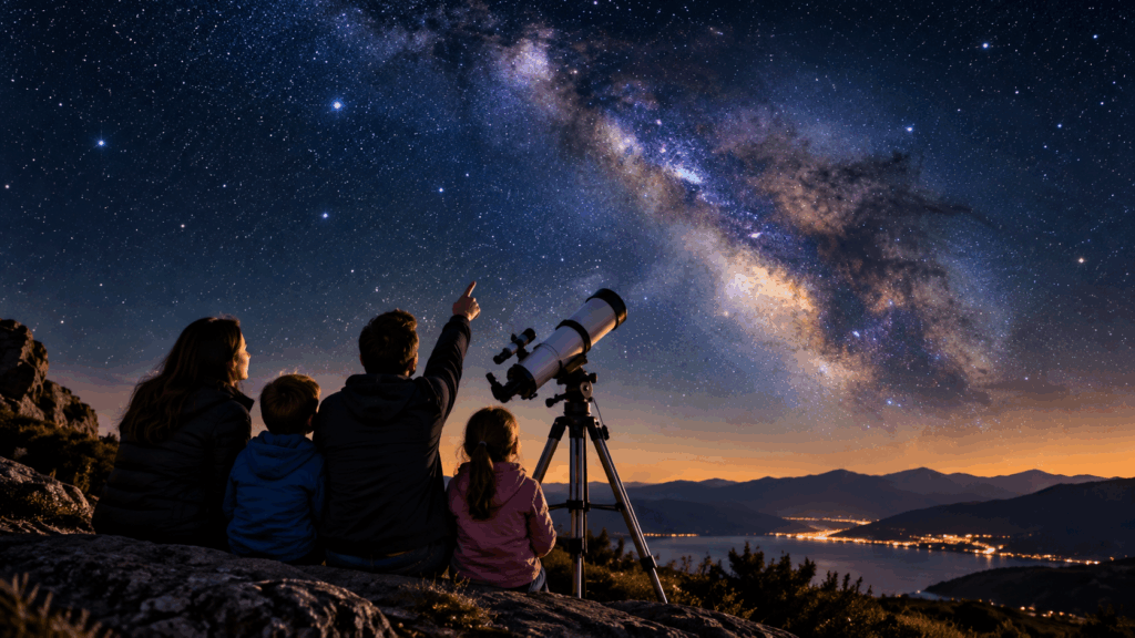 Familia observando el cielo nocturno con un telescopio astronómico