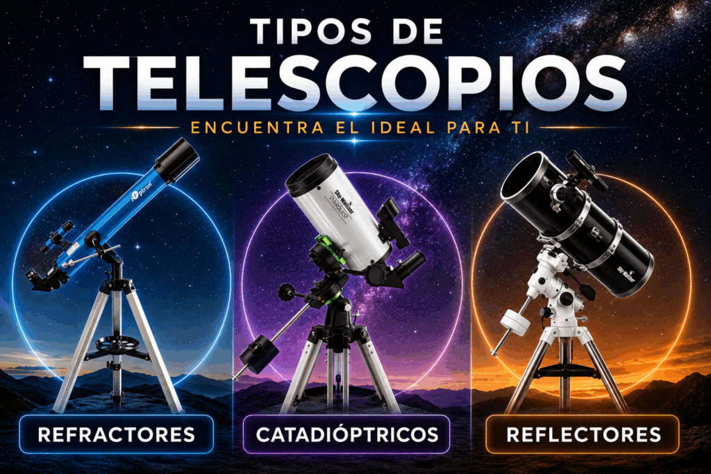 Tipos de telescopios refractores, reflectores y catadióptricos para astronomía
