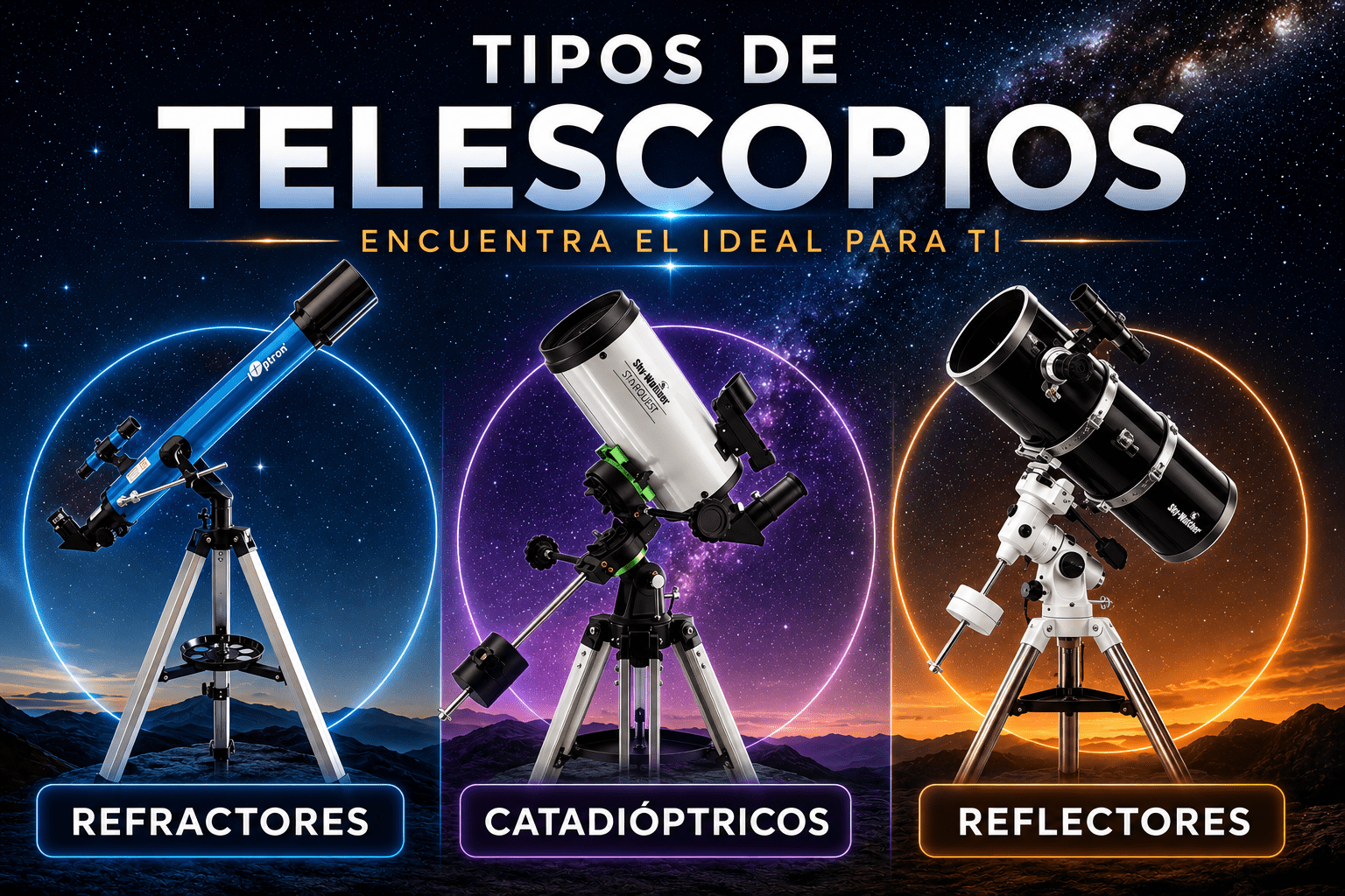 Tipos de telescopios refractores, reflectores y catadióptricos para astronomía