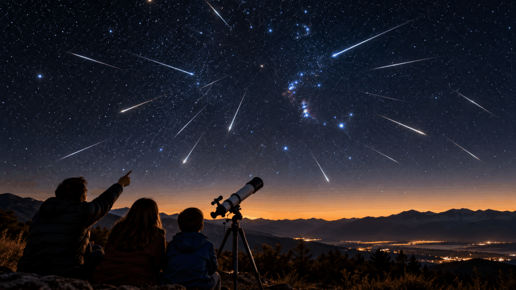 Lluvia de estrellas Oriónidas 2026 en Chile, con meteoros iluminando el cielo nocturno sobre una familia que observa las estrellas.