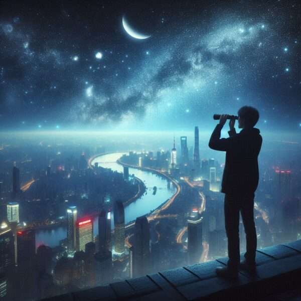 Persona observando el cielo nocturno con binoculares