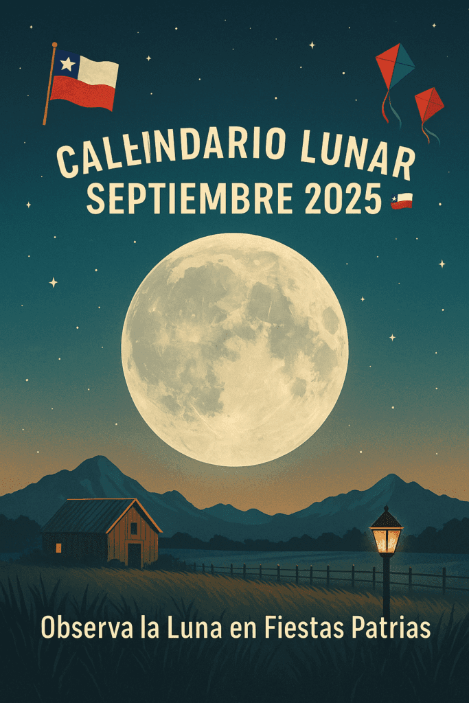 “Ilustración de la Luna llena en septiembre 2025 sobre un paisaje chileno con bandera, volantines y una casa de campo al anochecer durante Fiestas Patrias.”