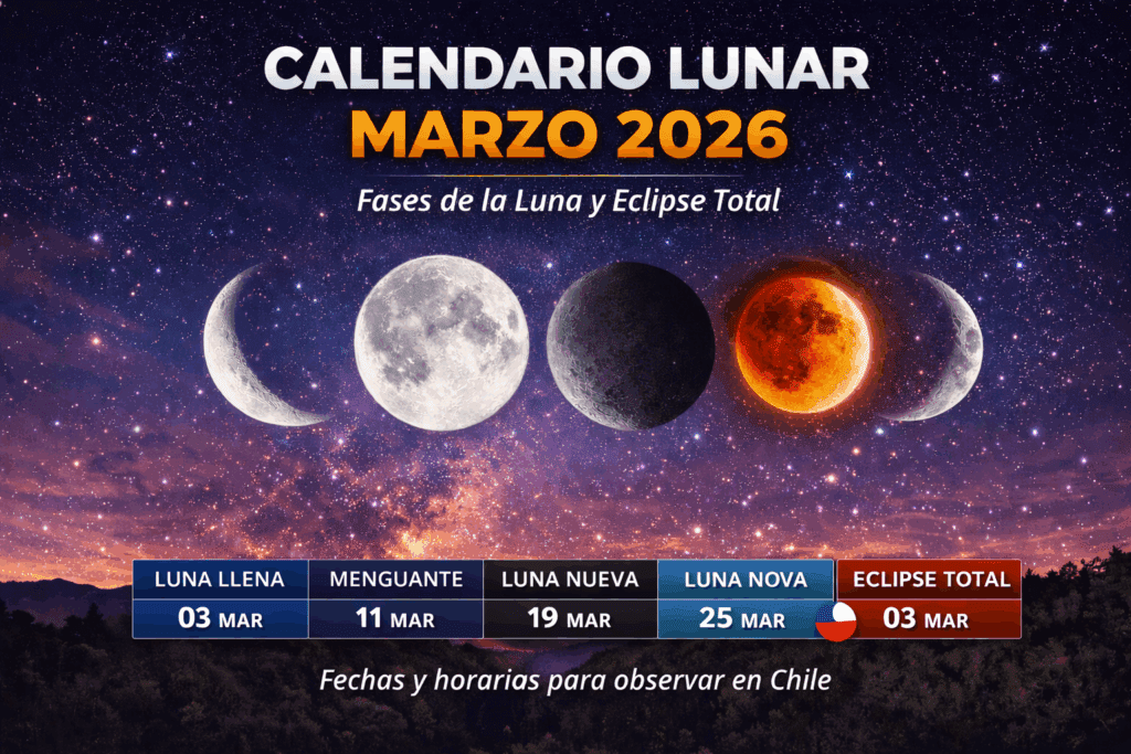 Calendario Lunar Marzo 2026 con fases de la Luna y eclipse lunar total visible parcialmente en Chile