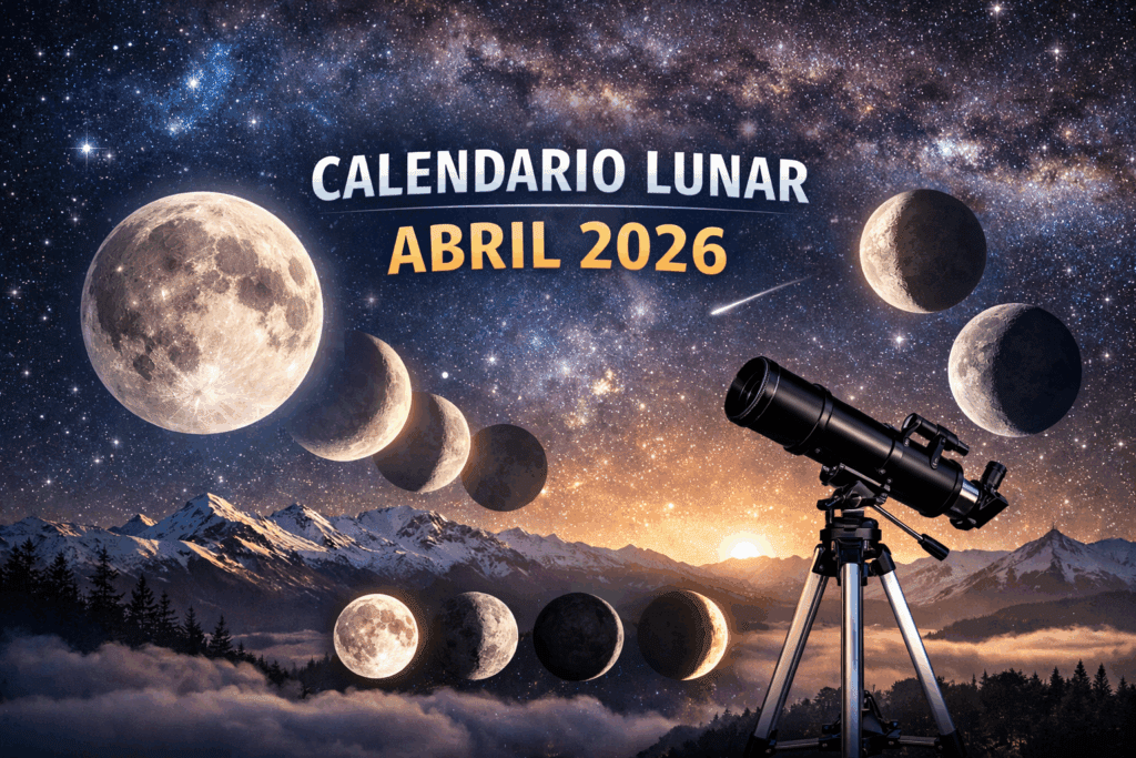 Calendario lunar de abril 2026 con fases de la luna y telescopio para observación en Chile