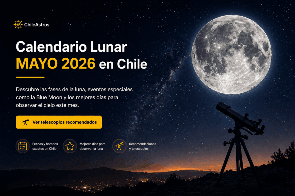 Calendario lunar mayo 2026 en Chile con luna llena, telescopio y cielo estrellado para observación astronómica