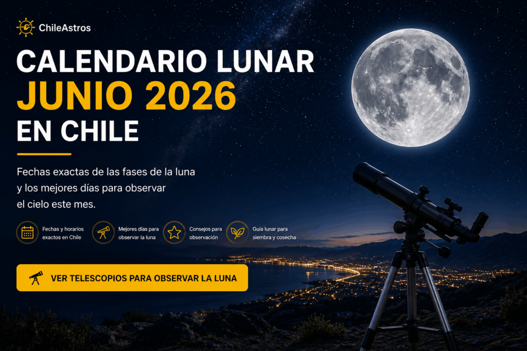 Calendario lunar junio 2026 en Chile con luna llena, telescopio y cielo estrellado para observación astronómica