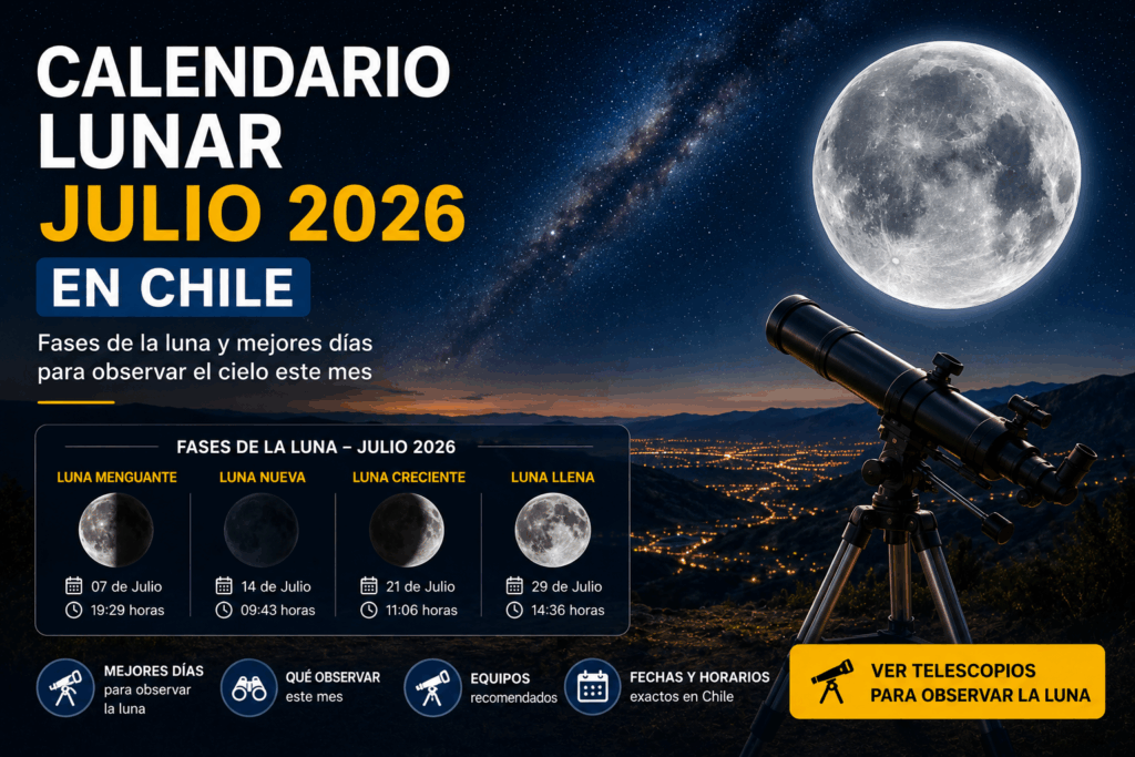 Calendario lunar julio 2026 en Chile con fases de la luna, telescopio y cielo estrellado para observación astronómica