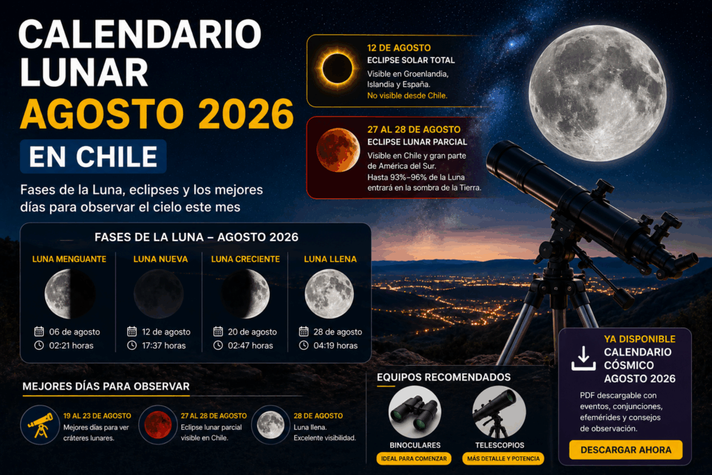 Calendario lunar agosto 2026 en Chile con fases de la luna, eclipse lunar parcial y telescopio para observación astronómica