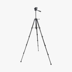 Trípode multiuso con cabezal móvil, soporte para celular y control remoto Bluetooth, compatible con binoculares, cámaras y smartphones.