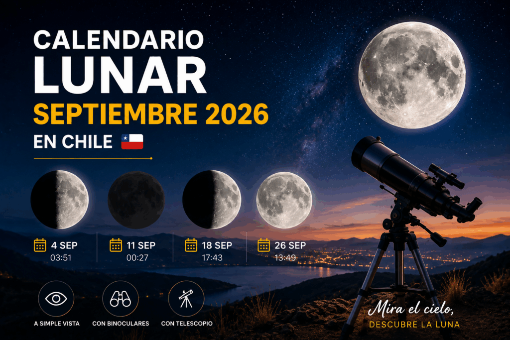 Calendario Lunar Septiembre 2026 en Chile con fases de la Luna, fechas y horarios para observación astronómica