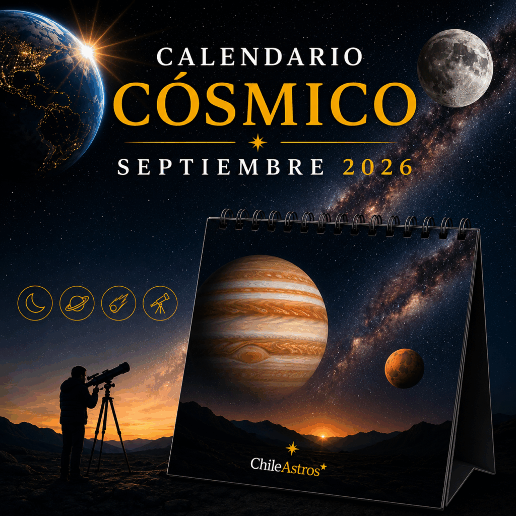 Calendario Cósmico Septiembre 2026 de ChileAstros con eventos astronómicos, fases lunares y efemérides del mes.