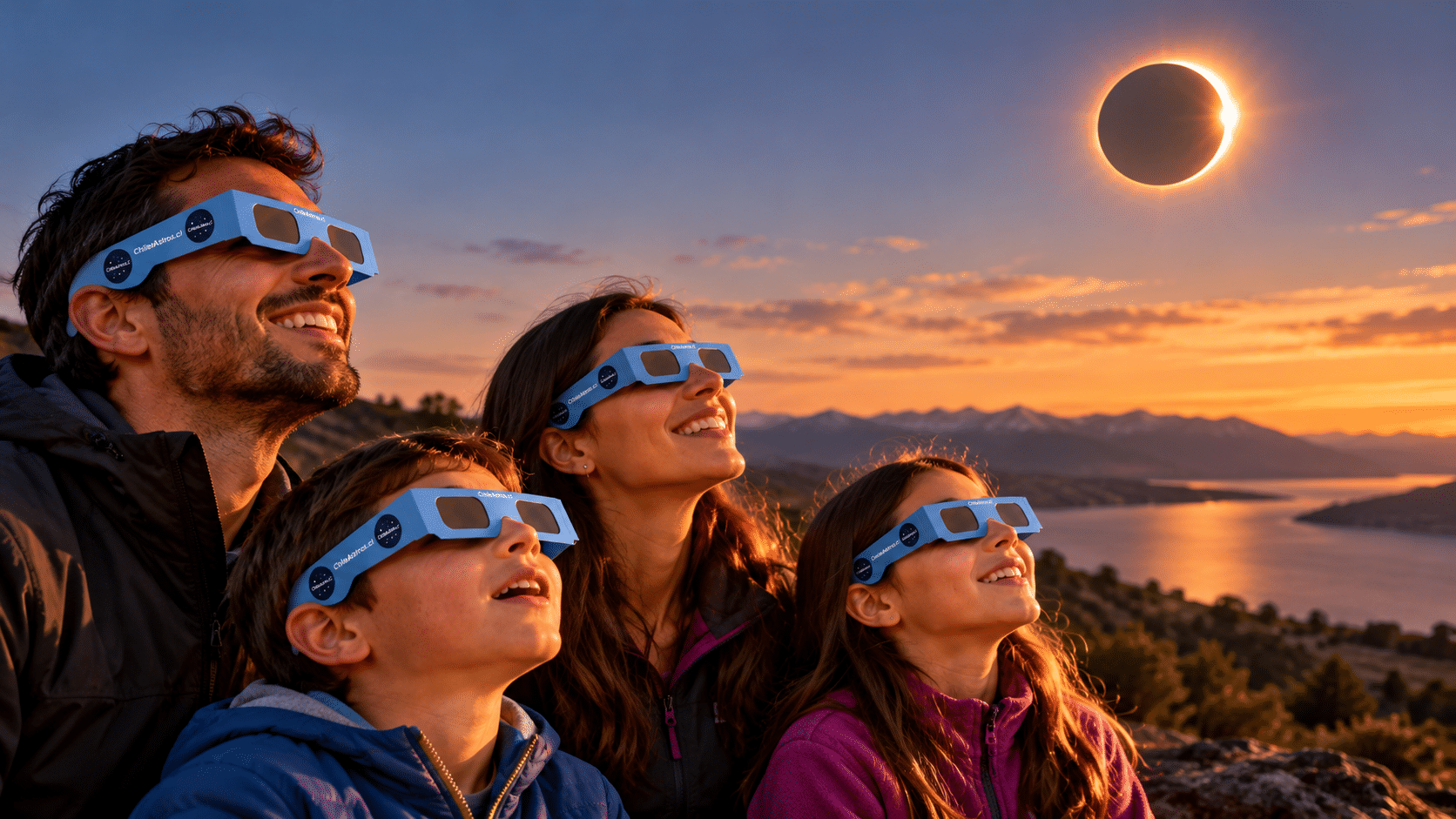 Familia observando un eclipse solar con lentes ChileAstros