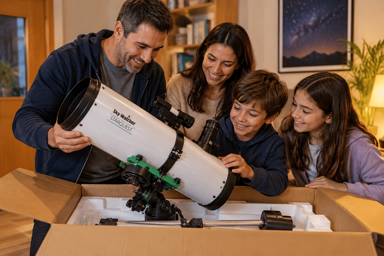 Familia recibiendo y descubriendo su telescopio astronómico