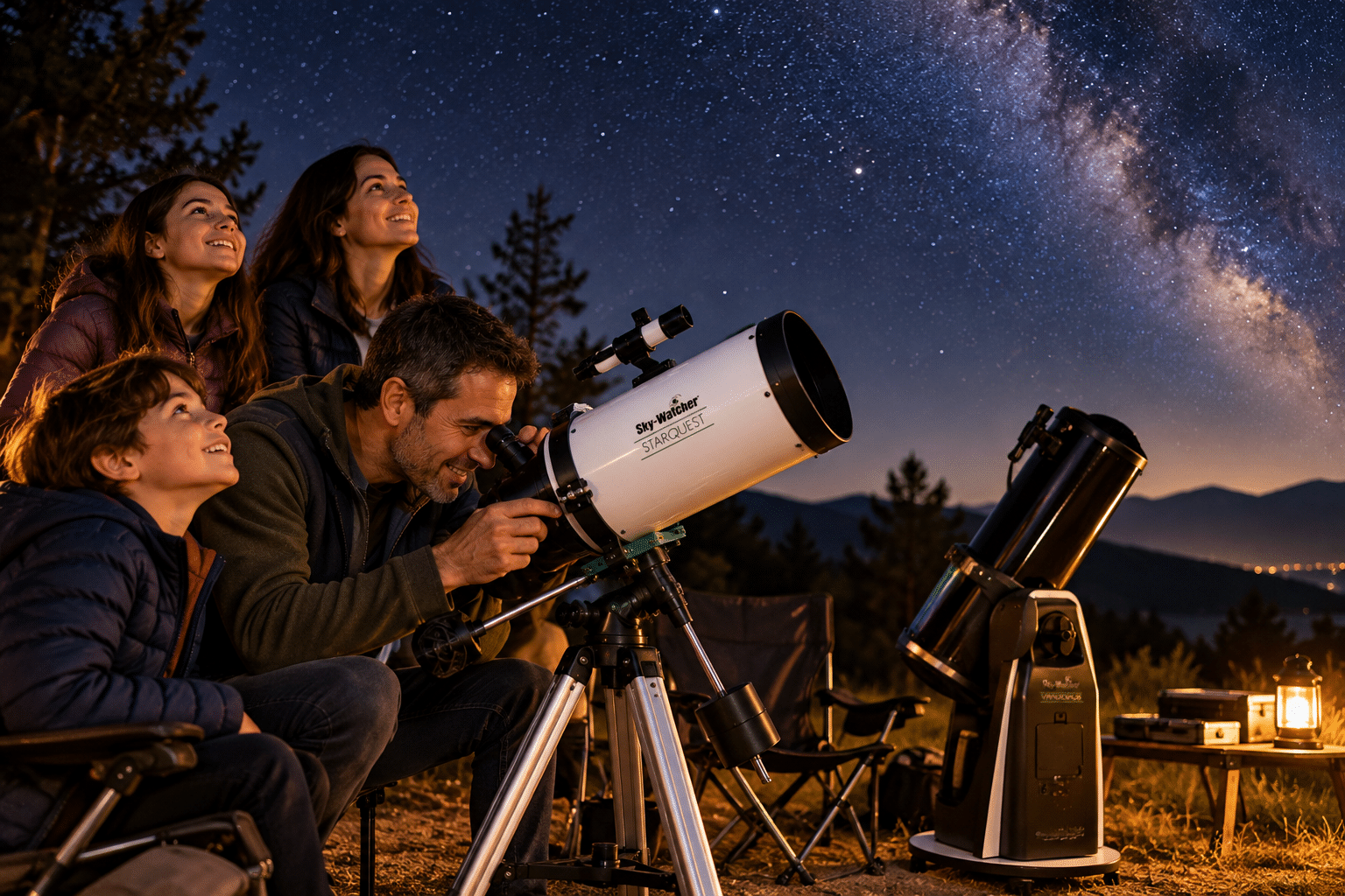 Familia disfrutando una noche de observación astronómica con telescopios