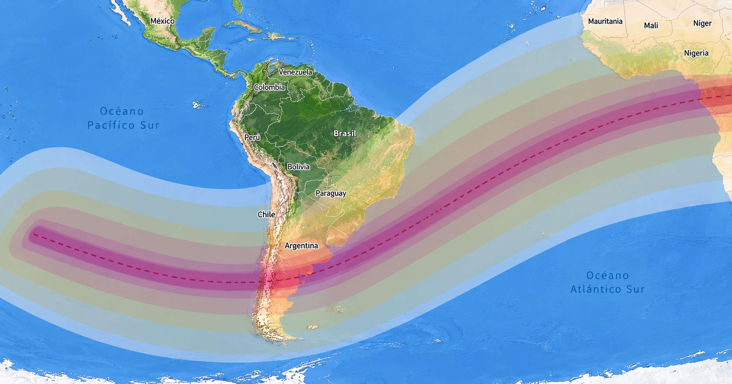 Mapa del recorrido del eclipse solar anular del 6 de febrero de 2027 por Chile, Argentina y el océano Atlántico