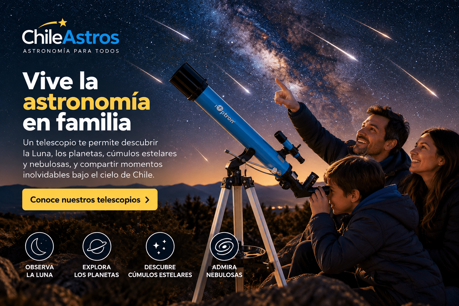 Familia observando el cielo nocturno con un telescopio de ChileAstros bajo las estrellas