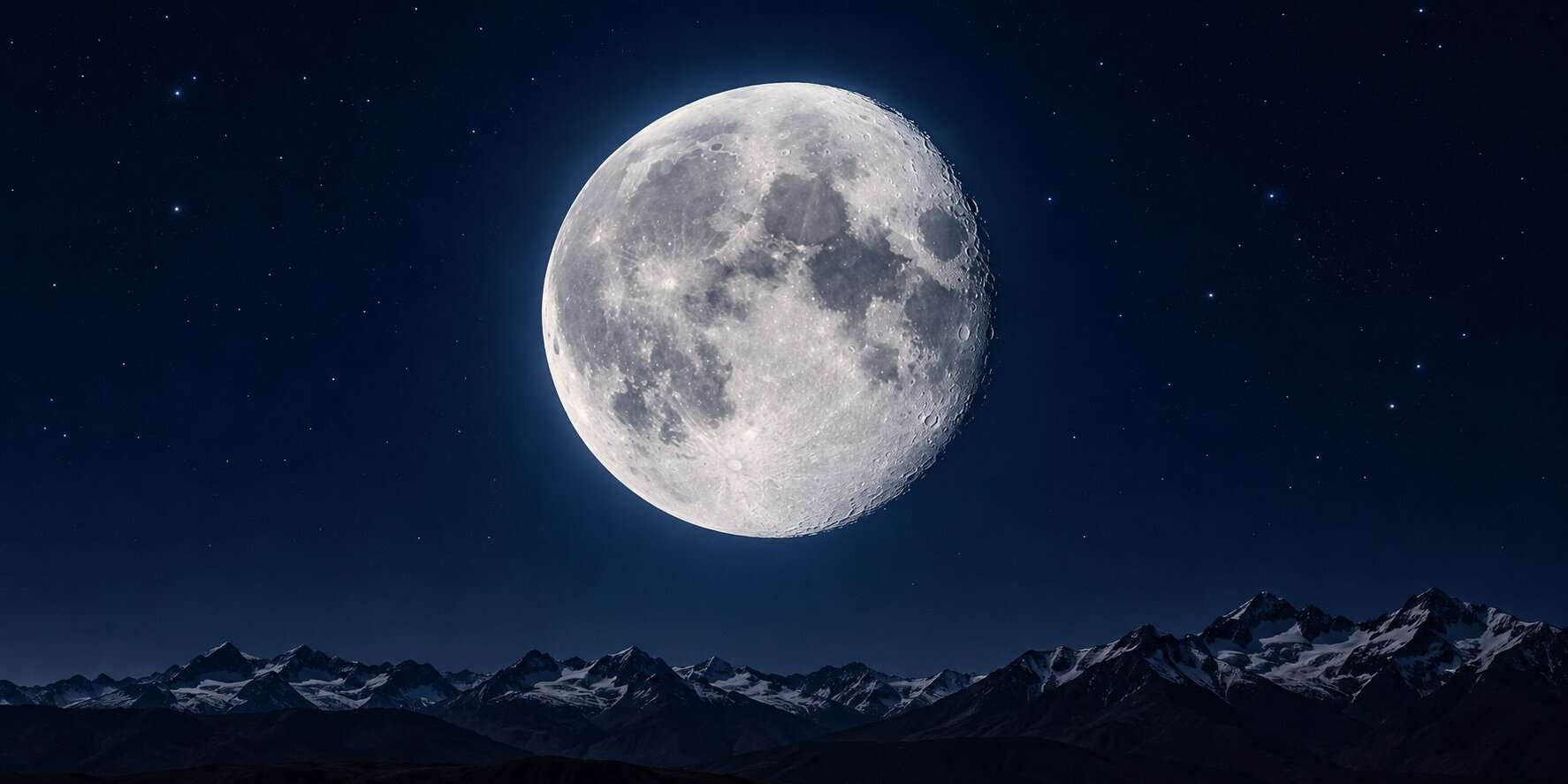 Ilustración de la Luna sobre una cordillera bajo el cielo nocturno